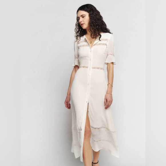 Reformation Dresses & Skirts - NWT Reformation Woodson Dress in Ivory Size 8 Lace Insert Midi Dress FLAWED READ